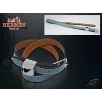 Hermes Double Tour Leather Blue Bracelet With Gold